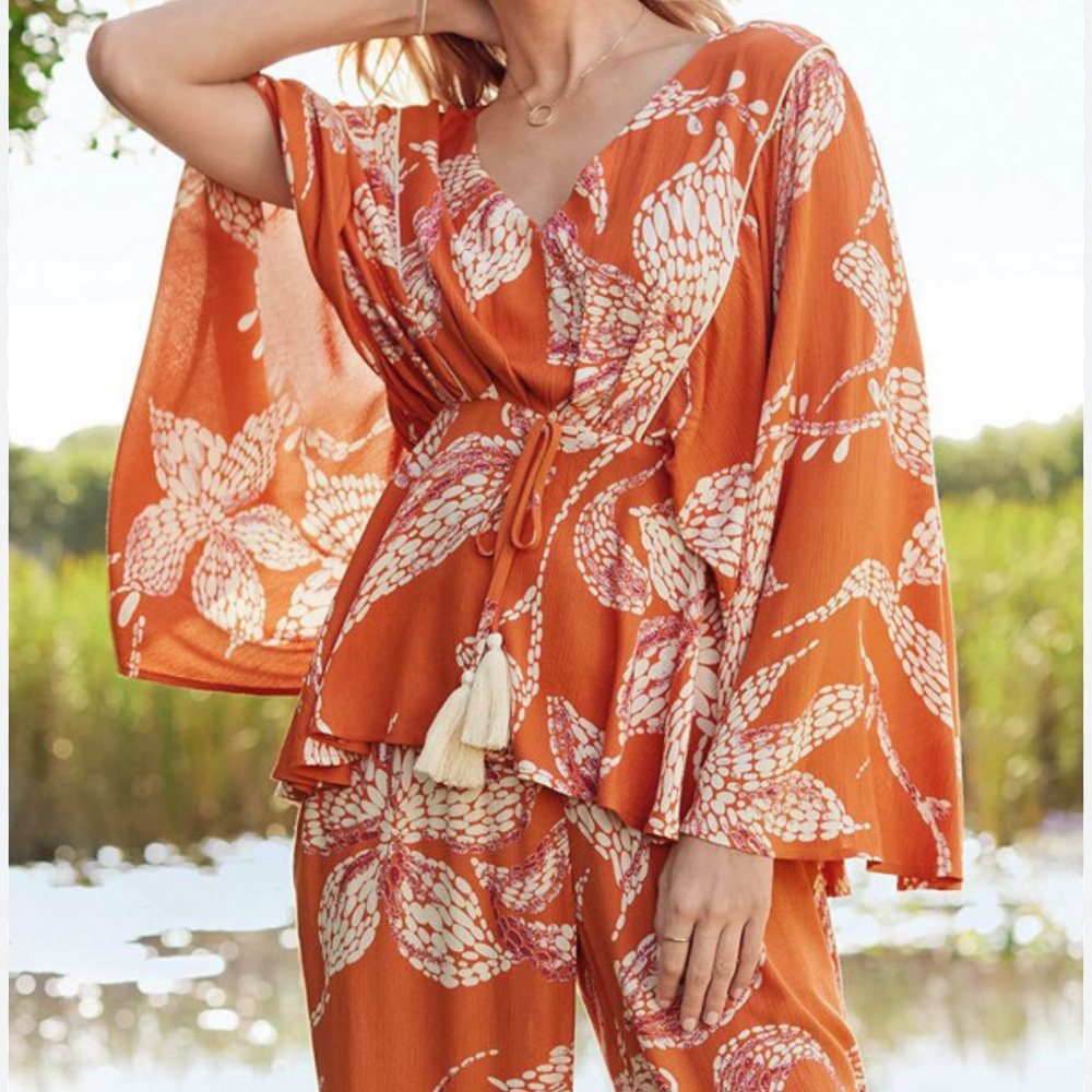 Maurices Orange Floral V-Neck Tie-Waist Blouse